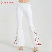 Белые расклешенные джинсы с вышивкой, женские эластичные расклешенные джинсы для девочек, тянущиеся штаны женские джинсы большого размера#90