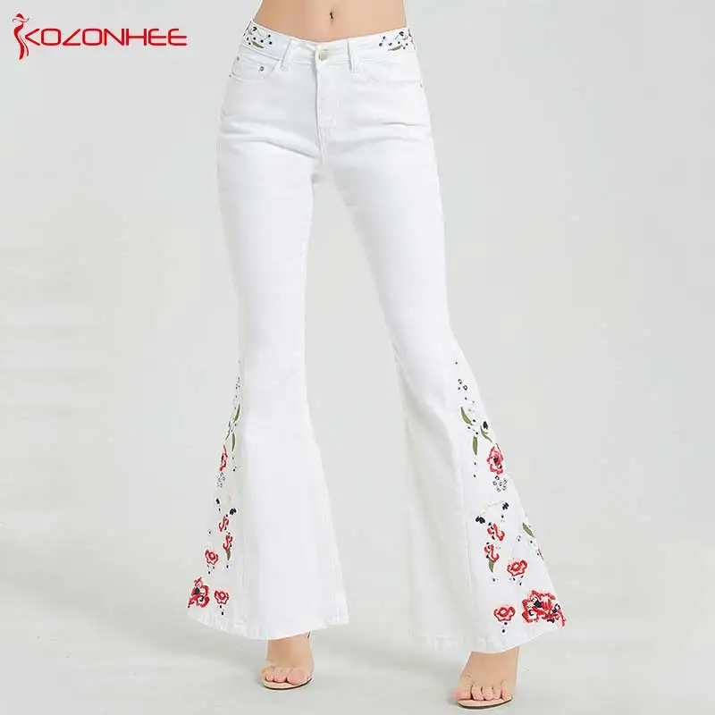 Embroidery White Flare Jeans Women 