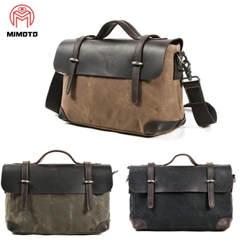 

Custom Crazy Horse Leather Motorcycle Side Bag Canvas Patchwork Messenger Bag Vintage Brand Mens Shoulder Laptop Bag Travel Bag