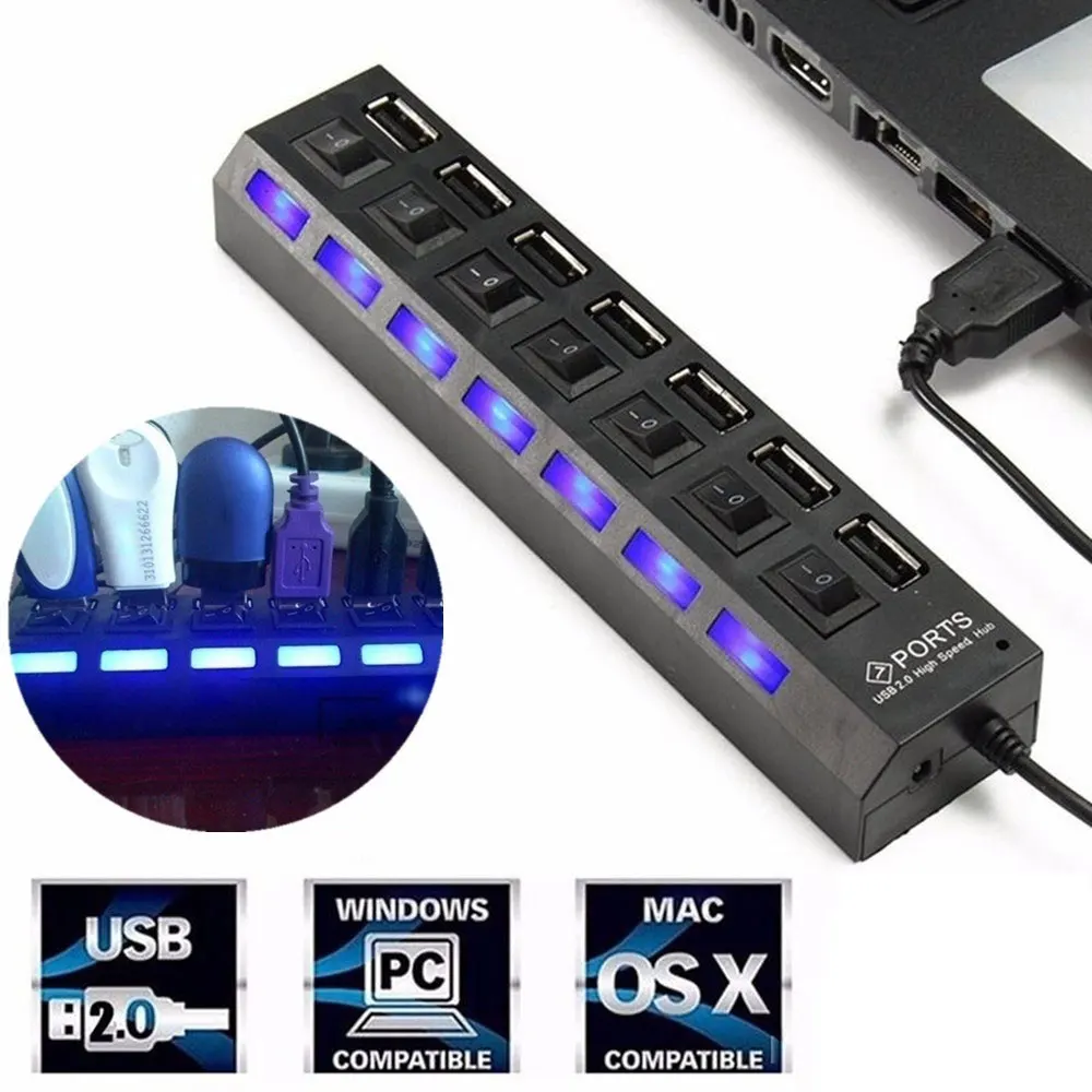 

USB Hub 2.0 Multi USB Port 7 Ports Hub USB High Speed USB 2.0 Hub With on/off Switch USB Splitter For PC Computer Accessories