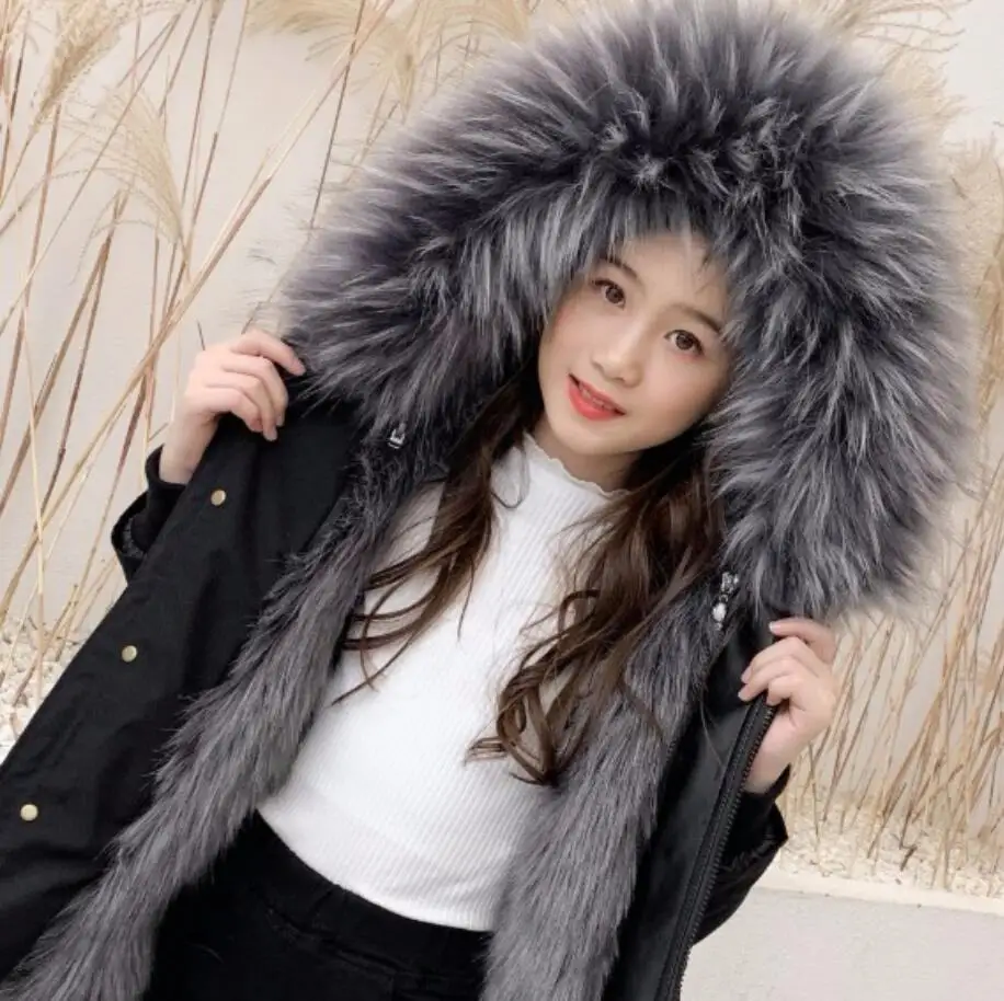 Winter CHildren Girls Faux Fur Liner Parkas Kids Girls Thick Warm Hooded Detachable Jacket Teenage Fashion Long Outwear K39 - Color: dark gray