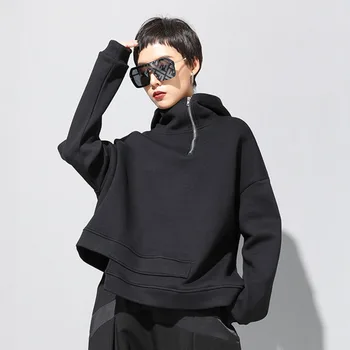 

Black Women Sweatshirt Fashion New Hooded Collar Irregular Pleated Elegant Small Fresh Casual Minority Sweatshirt