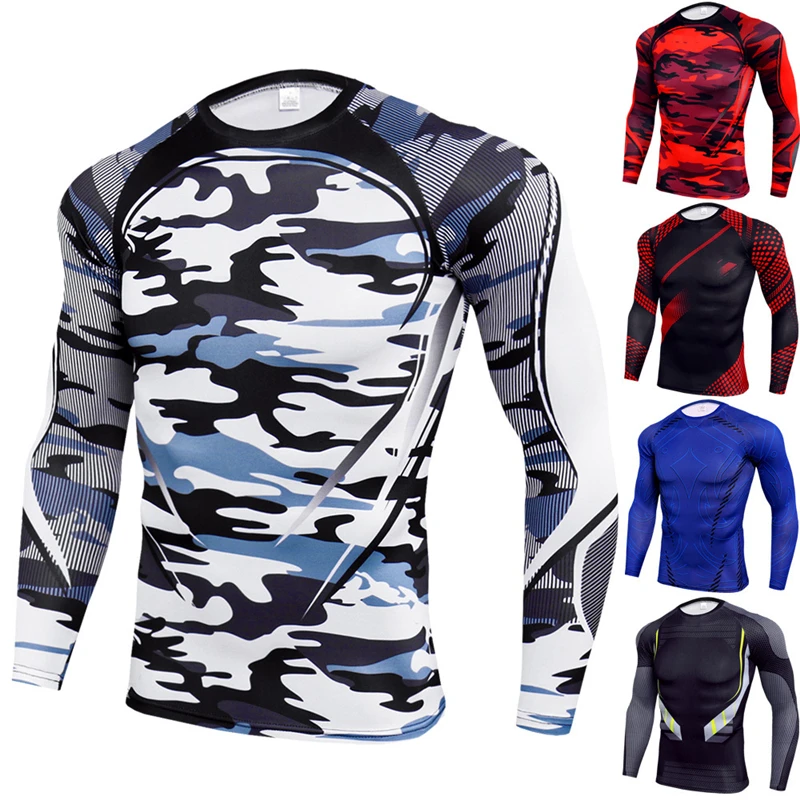

New men's long sleeve camouflage striped compression shirt Outdoor workout fitness round neck slim t-shirt Fitness sportswear