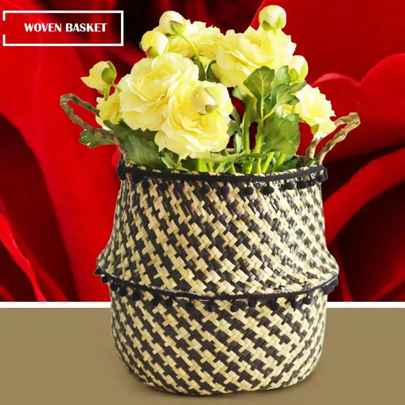 Straw Bellied Basket Foldable Flowerpot Home Storage Planter Pot Organizer