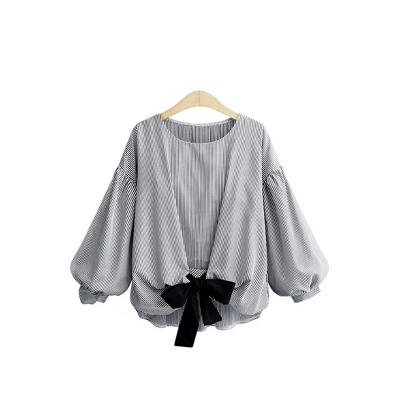 

Women Shirt New Large Size Spring Lantern Sleeve Casual Stripe Bow-knot Shirt