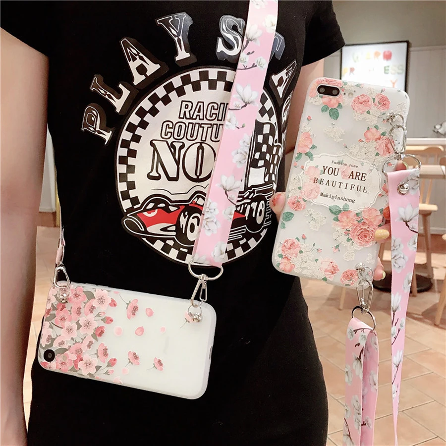 

For samsung galaxy note 10 pro 9 8 A70 50 40 30 20 10 s10 s8 s9 plus case cover Cherry blossoms flower shoulder strap soft tpu