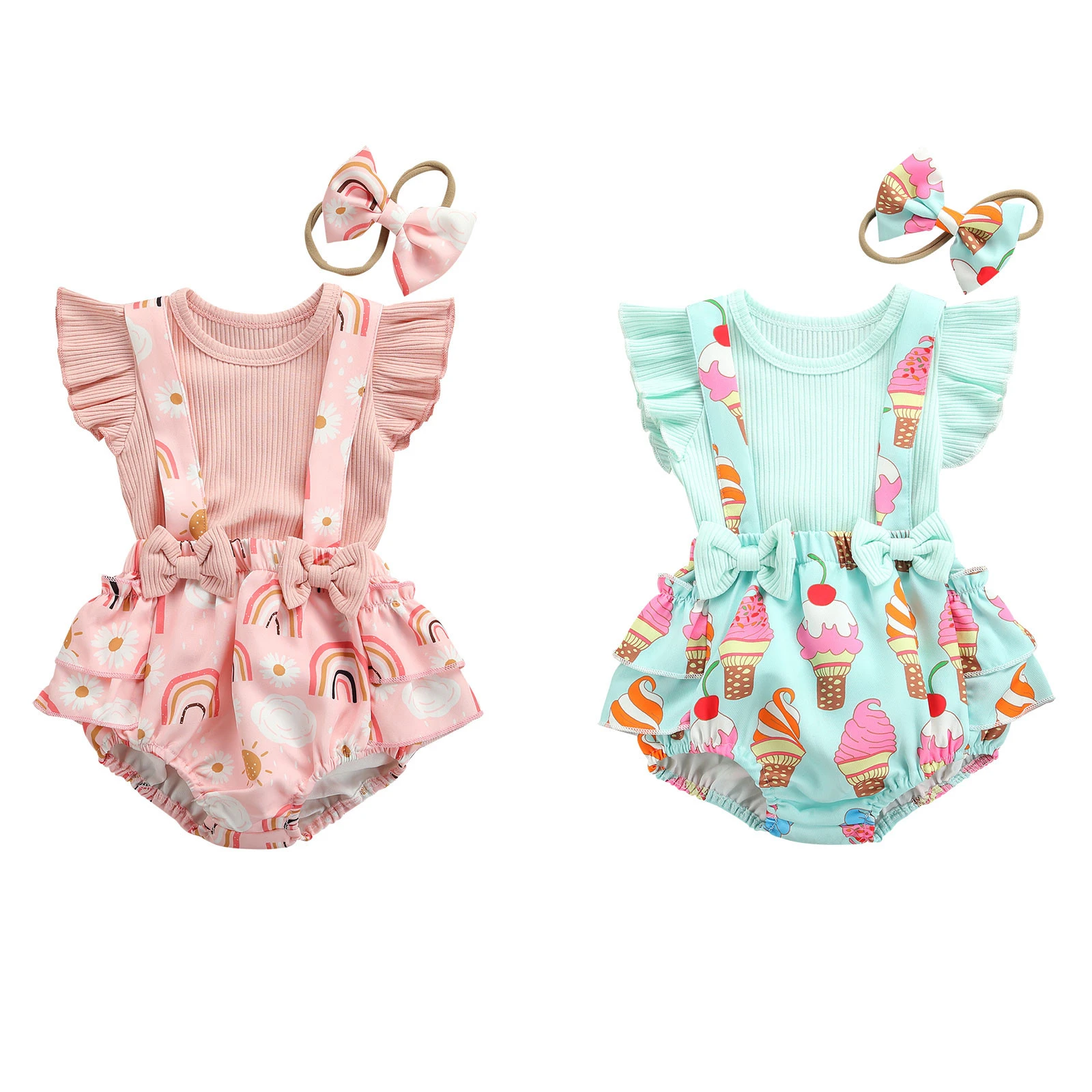 baby clothing set long sleeve	 2Pcs Baby Girls Summer Outfits Kids  Fly Sleeve Rib Knit Shirt Tops +Bow Suspender Skirt Set Icecream Printing Clothes baby outfit matching set