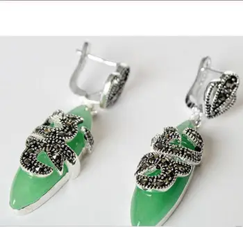 

Hot Sell VINTAGE 925 STERLING SILVER NATURAL Green Quartzite stone MARCASITE EARRINGS