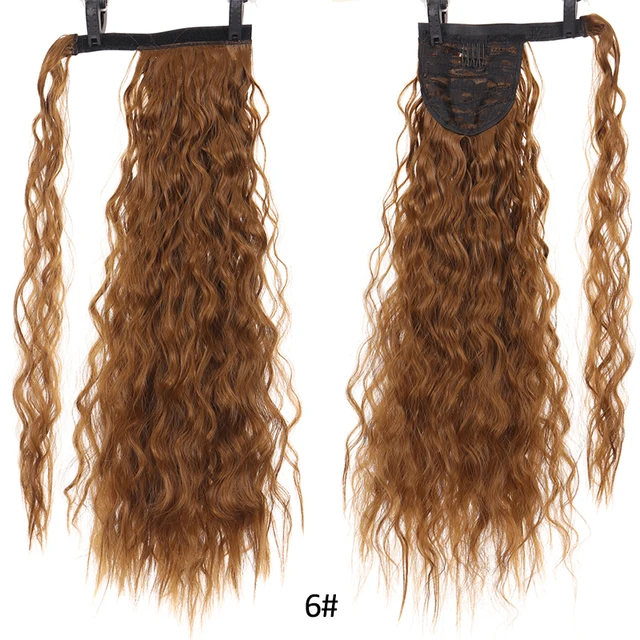 DIANQI Synthetic Corn Wavy Long Curly Ponytail Hairpiece Wrap on Clip Hair Extensions Black Pony Hair 6