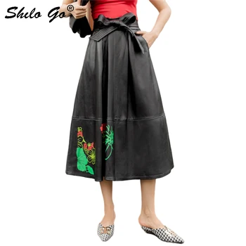 

Genuine Leather Skirts Elegant Bow Wrap Belted Floral Print Sheepskin A Line Long Skirt Women Autumn Winter Pocket Side Skirt