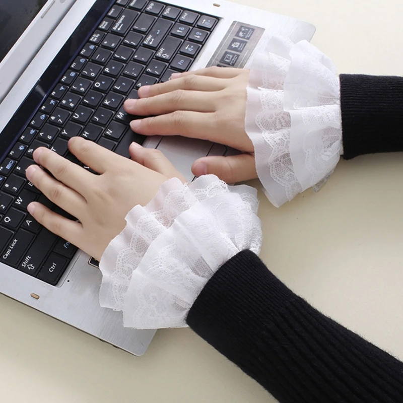 Literary Women Sweet Fake Sleeves Double Layer Ruffles Lace Detachable Flared Cuffs Sweater Decorative Wrist Warmers |