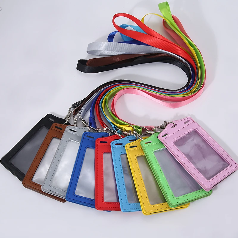 

1 PCS Candy Color PU ID Card Holder Lanyard Badge Holder Name Sleeve Dual Clear Business Exhibit Office school strap Neck Hang