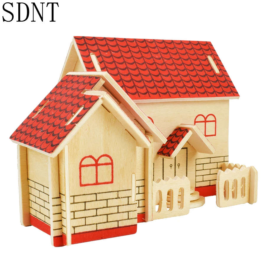 Деревянные пазлы для детей 3D модель DIY красный дом граффити красочные Пазлы