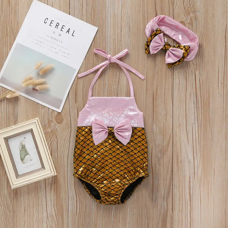 

Baby Girl Fashion Cute Swimsuit Fish Scale Print Bow Sleeveless Bodysuit Hair Band Two-Piece Girls Swimming Swimwear 0-3Y