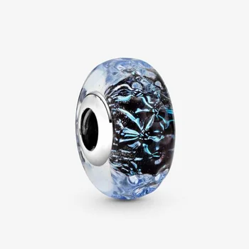 

2020 New 925 Sterling Silver Glass Beads Dark Blue Ocean Murano Rippled Charms Fit Original Pan Bracelet Women DIY Jewelry