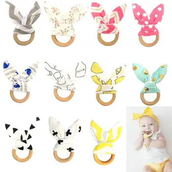 

Baby Bunny Ear Teether Safe Cotton Dots Wave Wood Teething Ring Toy Shower Gift