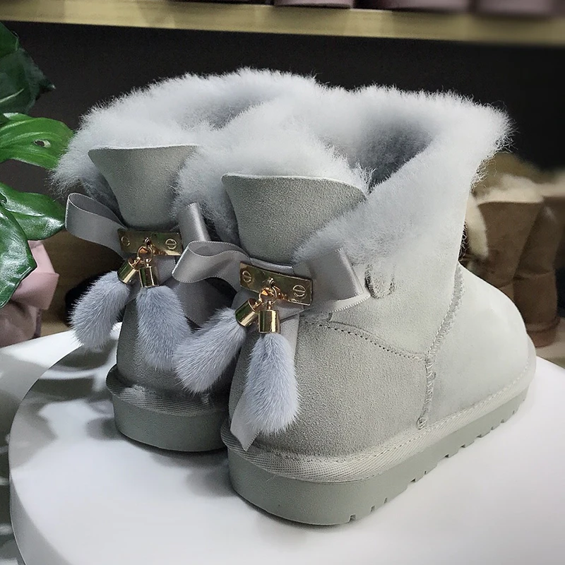 Новинка; модные зимние ботинки на натуральном меху; женские зимние ботинки; теплые ботинки из натуральной шерсти; женские ботинки из натуральной овечьей кожи на нескользящей подошве - Цвет: Light Grey