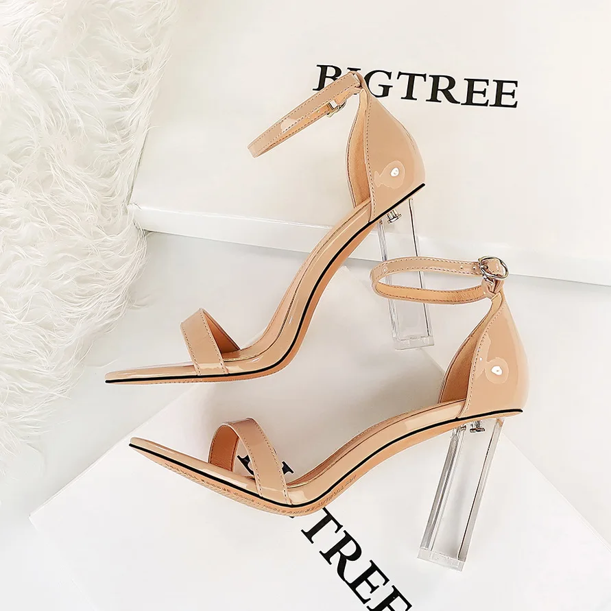 

2021 Summer Women White High Heels Sandals Open Toe Crystal Block Heels Sandals Stiletto Female Roman Party Prom Shoes Plus Size
