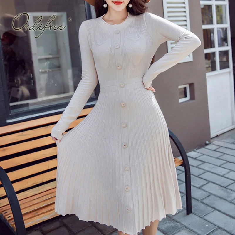 

Ordifree 2022 Autumn Women Knitted Dress Long Sleeve Basic Dresses Elegant Lady Sexy Sweater Pleated Dress