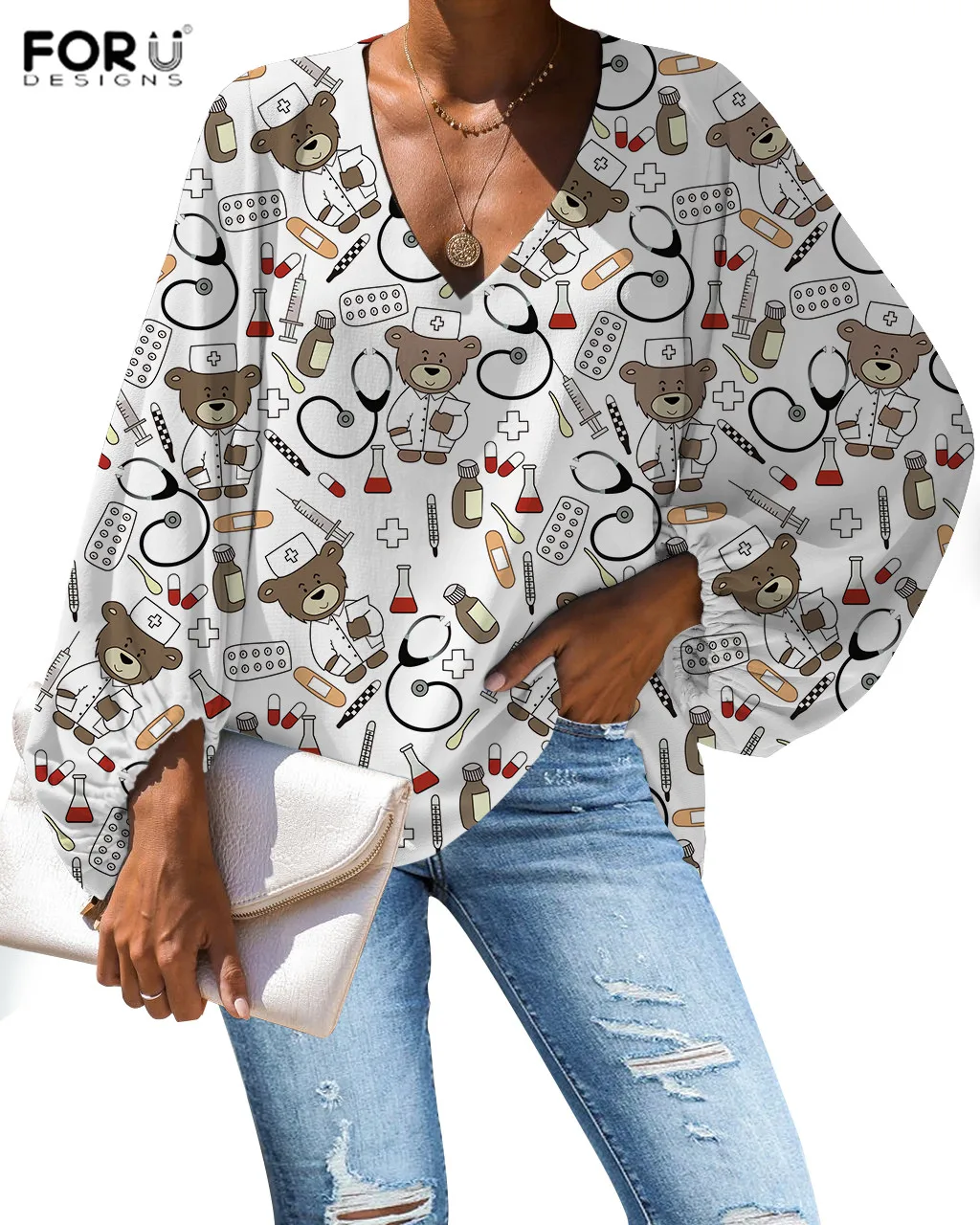 FORUDESIGNS Harajuku Shirt Women Cartoon Nurse Bear Printing Blouse Casual Loose Long Sleeve Shirt Tops Plus Size V-neck - Цвет: HXA106B2