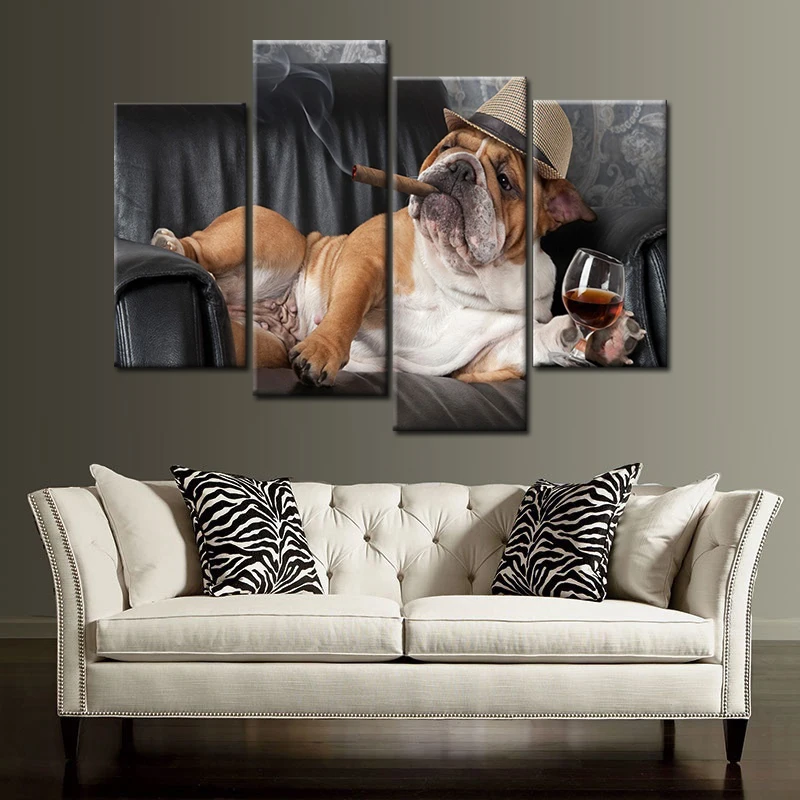 Без рамки 4 панели Собака Курить принты на холсте картина домашнее украшение
