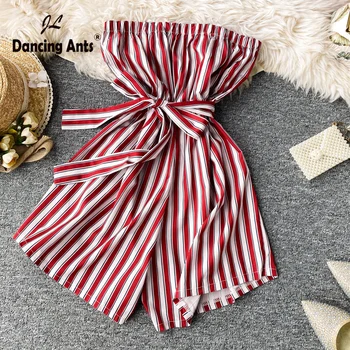 

Woman Jumpsuits Sleeveless Off Shoulder Strapless Lace Up Beach Style Striped Loose Female Slim Jumpsuits 2020 Summer Fashion