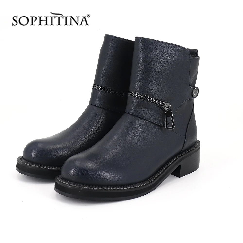 

SOPHITINA Fashion Design Boots High Quality Genuine Leather Round Toe Square Heel New Solid Zipper Shoes Women Ankle Boots SC402