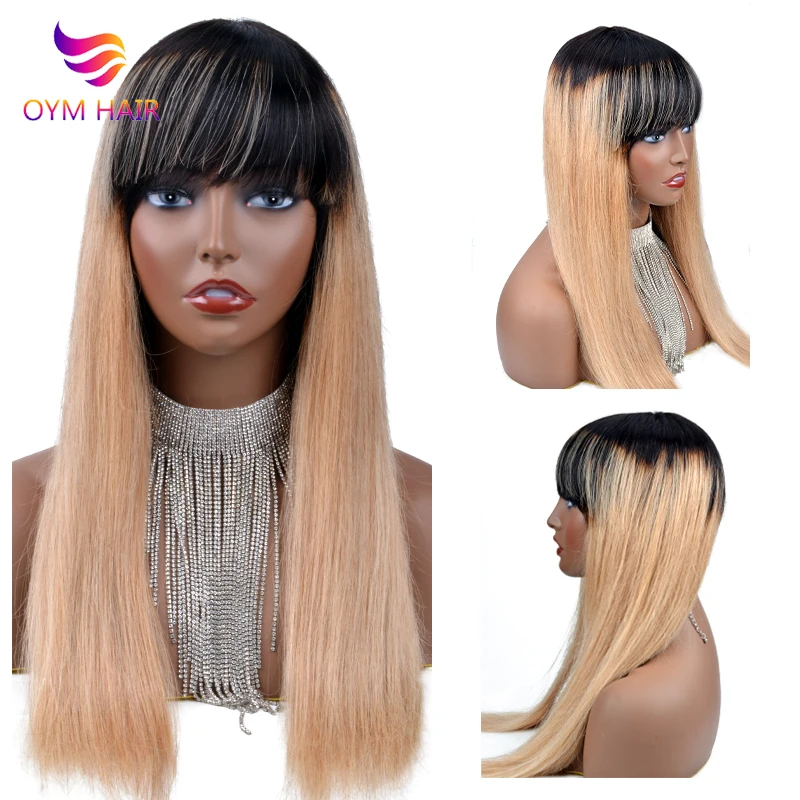 

#27 Blonde Wig With Bangs Ombre Colored Human Hair Wigs For Women Brazilian Straight Remy Machine Made Fringe Wig Human Hair
