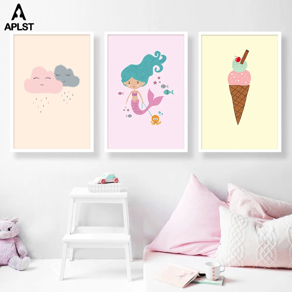 

Cartoon Mermaid Girls Nursery Kids Baby Canvas Posters & Prints Happy Clouds Ice Cream Painting Wall Art Pictures for Child Room