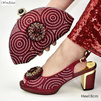 

Best Match Soft Heel Shoes and Bag Wine Pretty Style Italian Shoe Bag Set Decorated with Rhinestone WENZHAN High Quality!d912-7