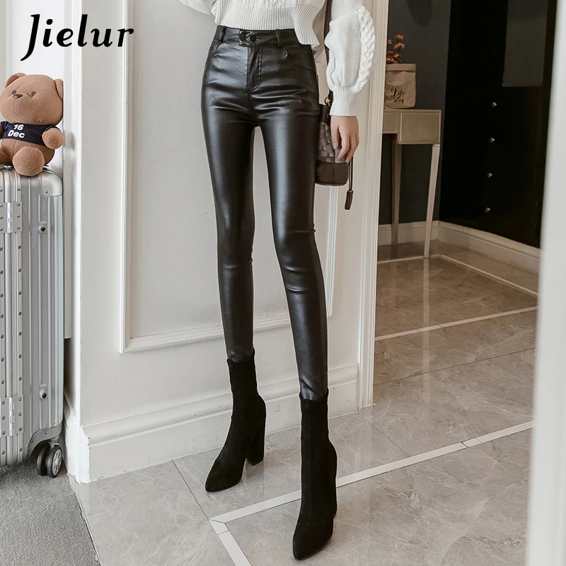 Comprar Jielur nuevo PU Faux cuero Leggings mujeres 2019 flaca plata Rojo Negro Pantalones Mujer señora S 3XL Delgado polar lápiz Leggins Mujer