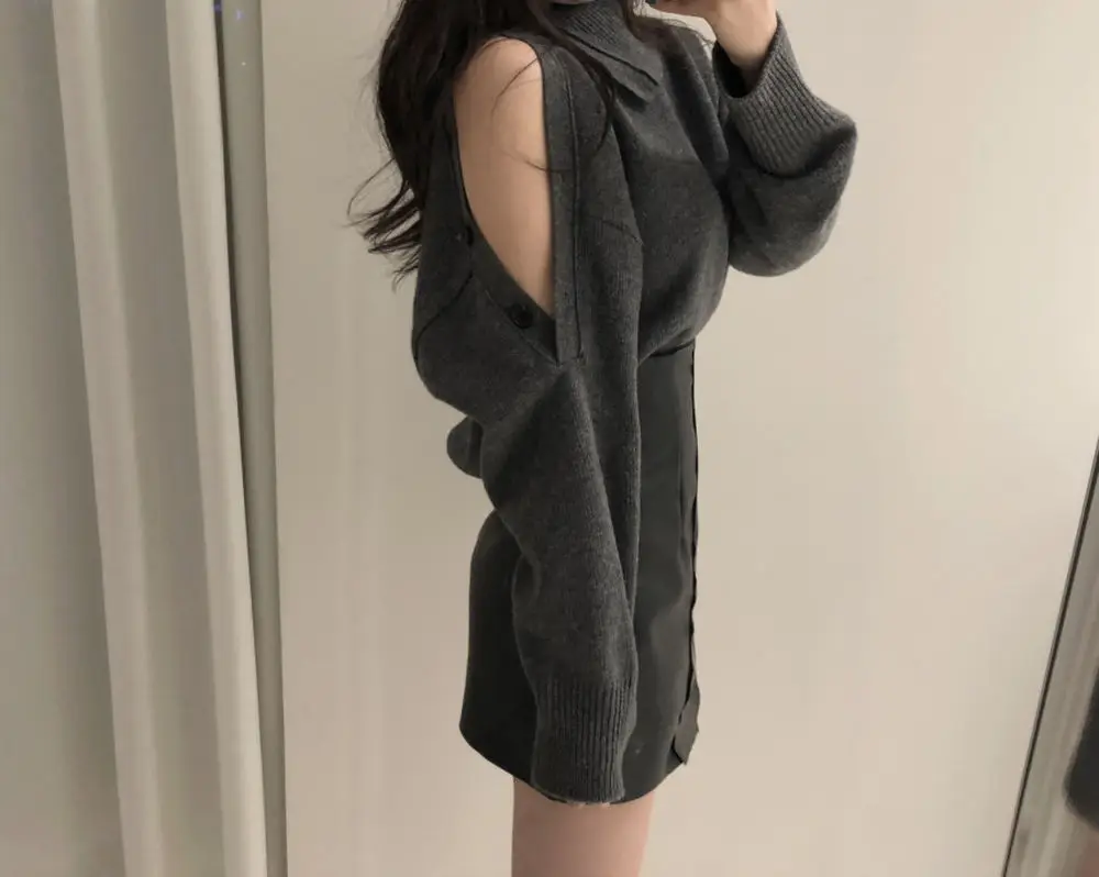 WHITNEY WANG осень зима мода Уличная Сексуальная пуговицы сплит плечо свитер женский джемпер sueter mujer invierno