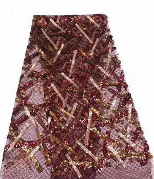 

Wine red Lace Fabric for Dresses Latest Nigerian French Tulle Lace with Sequin High Quality African Sequins Lace Fabric FR1115