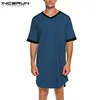 INCERUN hommes sommeil Robes chemise de nuit à manches courtes col en V vêtements de maison en vrac confortable Patchwork hommes peignoirs robe de chambre S-5XL ► Photo 3/6