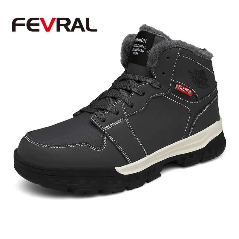 Gray FEVRAL/кожаные мужские ботинки; Сезон Зима; коллекция года; теплые зимние ботинки на меху; Мужская зимняя повседневная обувь для работы; кроссовки; высокие резиновые ботильоны - Цвет: Gray