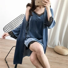 Сексуальная ночная рубашка, Женская осенне-зимняя Пижама, костюм из двух частей, золотой бархатный халат с длинным рукавом, домашняя одежда для сна