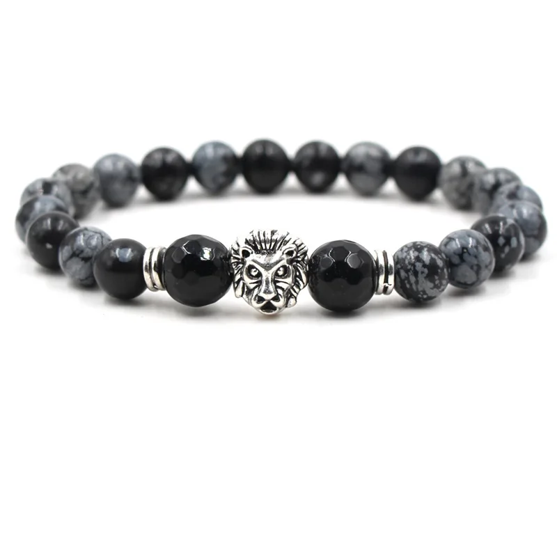 

Hot Style Bead Bracelet Jewelry Lion Head 8mm Snowflake Stone Fashion Bangle Silver Alloy Decorate for Men Jewelry Gift 2019
