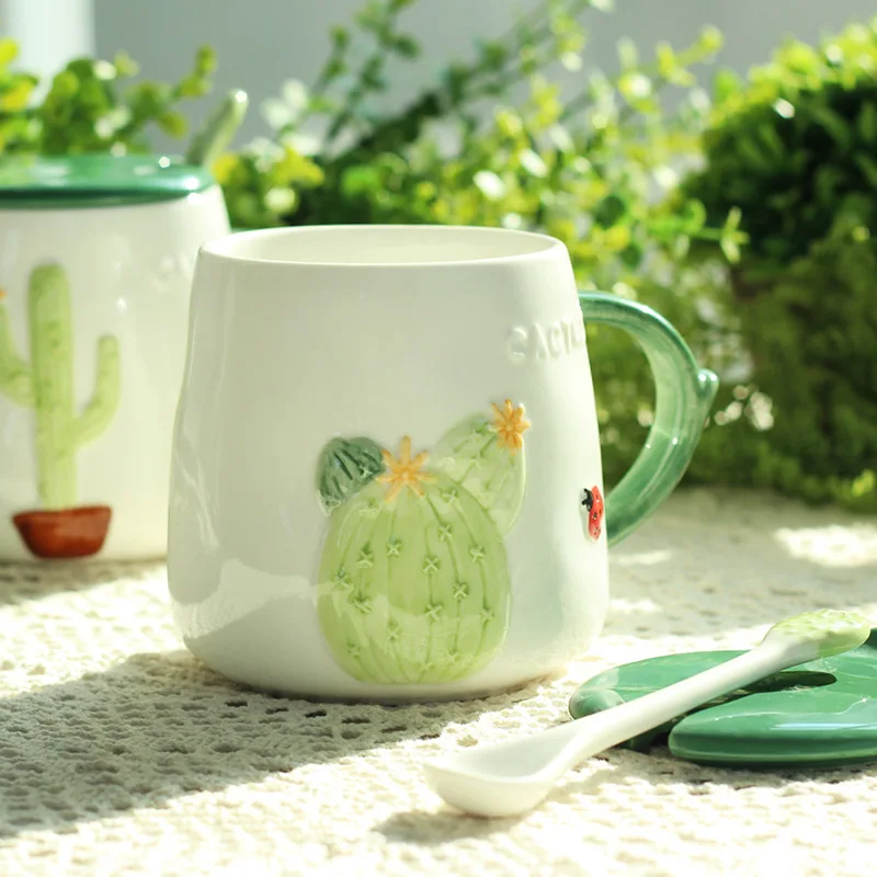christmas mug Northern European Style Cactus Creative Ceramic Mug with Spoon Coffee Mugs Lovely Water Cup Milk Breakfast | Дом и сад