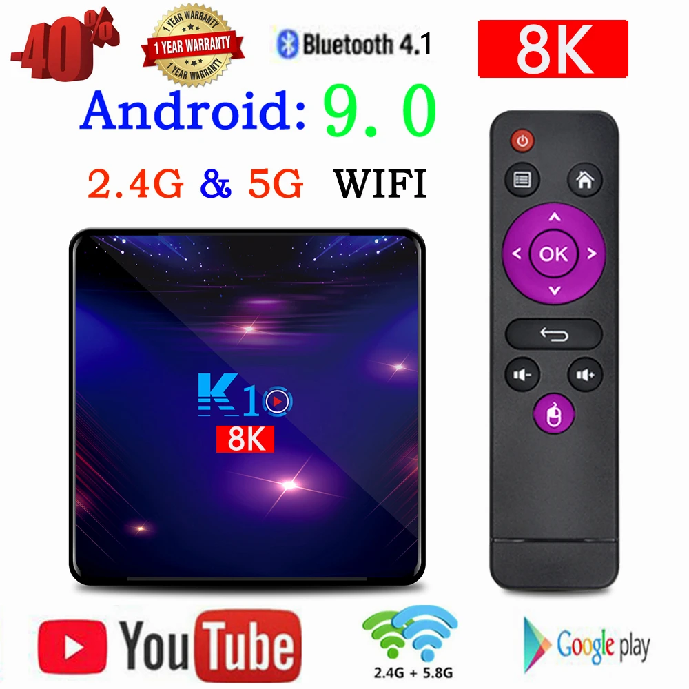 Приставка Смарт-ТВ K10 на Android 9 0 4K 2 4 ГГц Wi-Fi Bluetooth 1 Ethernet 1000 м медиаплеер Amlogic S905 X3 8k