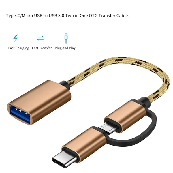 2 в 1 USB OTG кабель Type-C/Micro-USB к адаптеру 3 0 плетеный дизайн передачи данных для