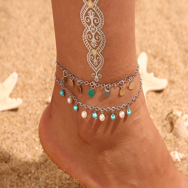 Shell Ankle Bracelet Set For Women Bohemian Rope Chain Sequin Anklets Summer Beach Girls Barefoot Leg Chain Boho Jewelry