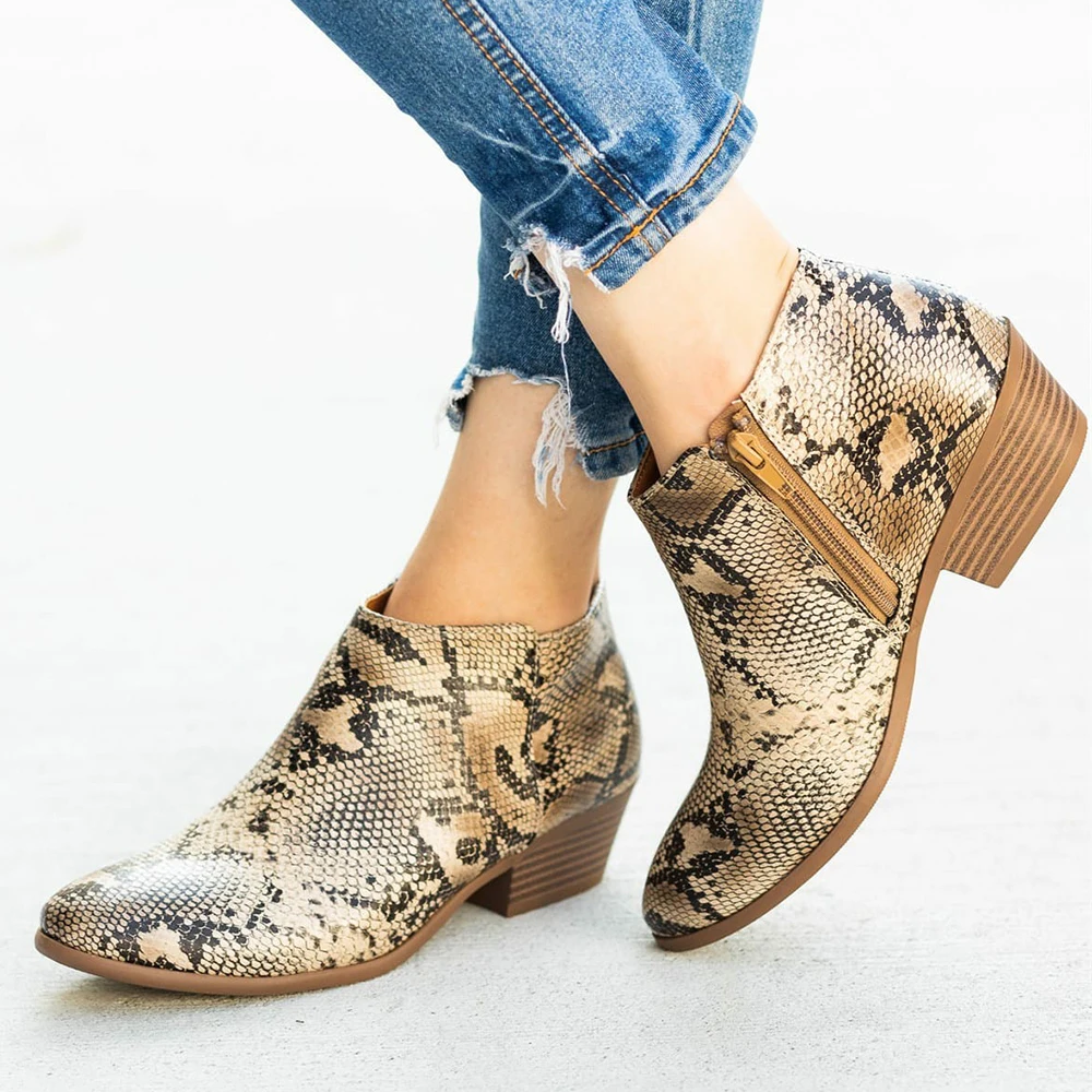 

Women Ankle Boots Side Zipper Snakeskin Pattern Pointed Toe Chelsea Boots Low Chunky Heels Ladies Booties Autumn Botas Mujer D25