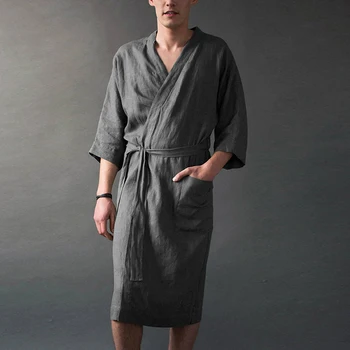 

Oeak NEW Men Robes Homewear Cotton Linen Lacing V Neck 3/4 Sleeve Vintage Kimono Bathrobes Pockets Sleepwear Mens Nightgown