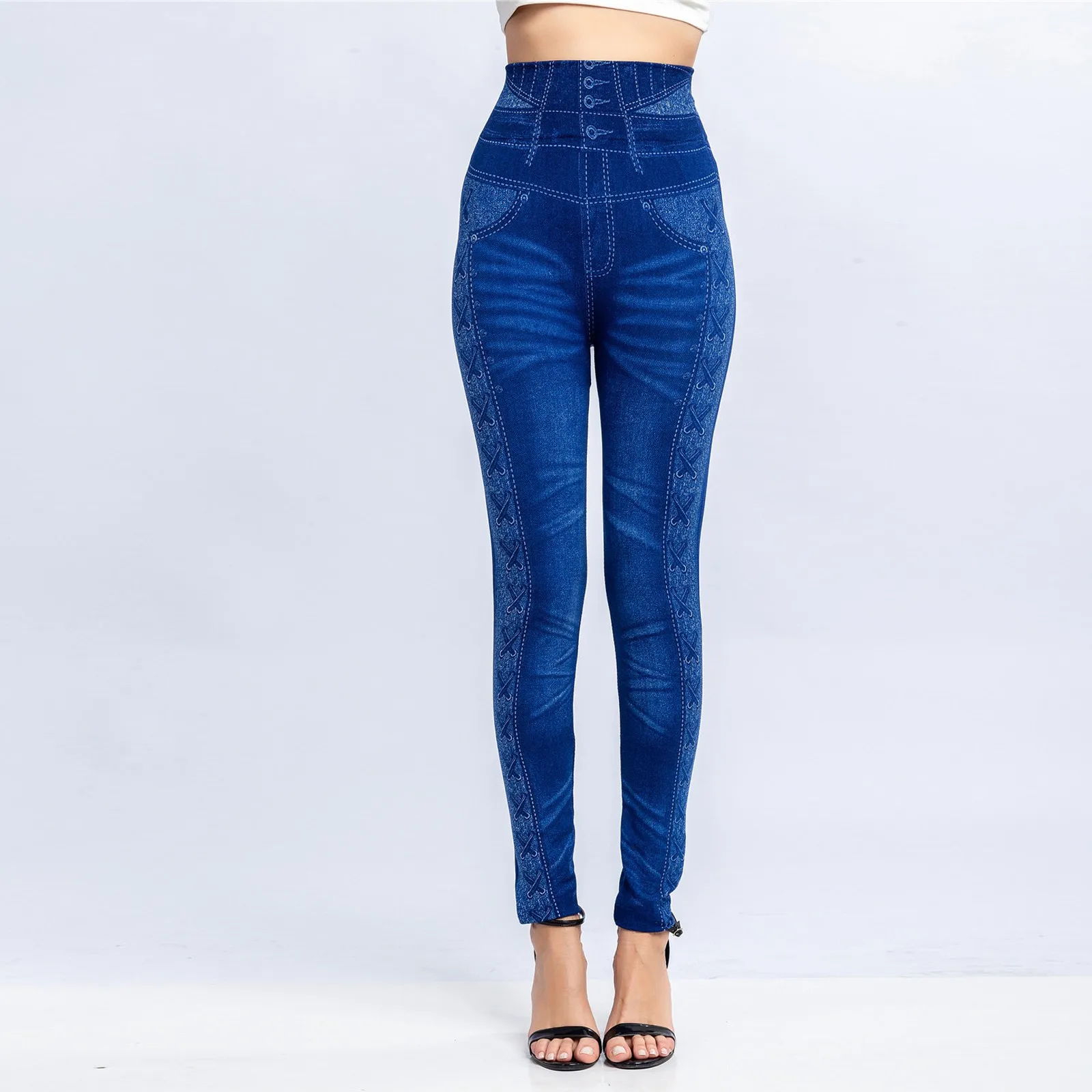 Plus Size High Waist Faux Denim Jean Leggings Slim Elastic Seamless Skinny Pencil Pant Female Workout Running Leggings#G3 2