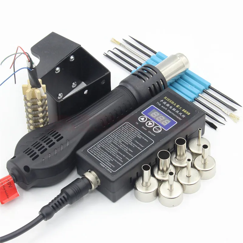 Riesba 8858 플러그 휴대용 BGA 재작업 솔더 스테이션 열기 송풍기 히트 건 + 용접 도구