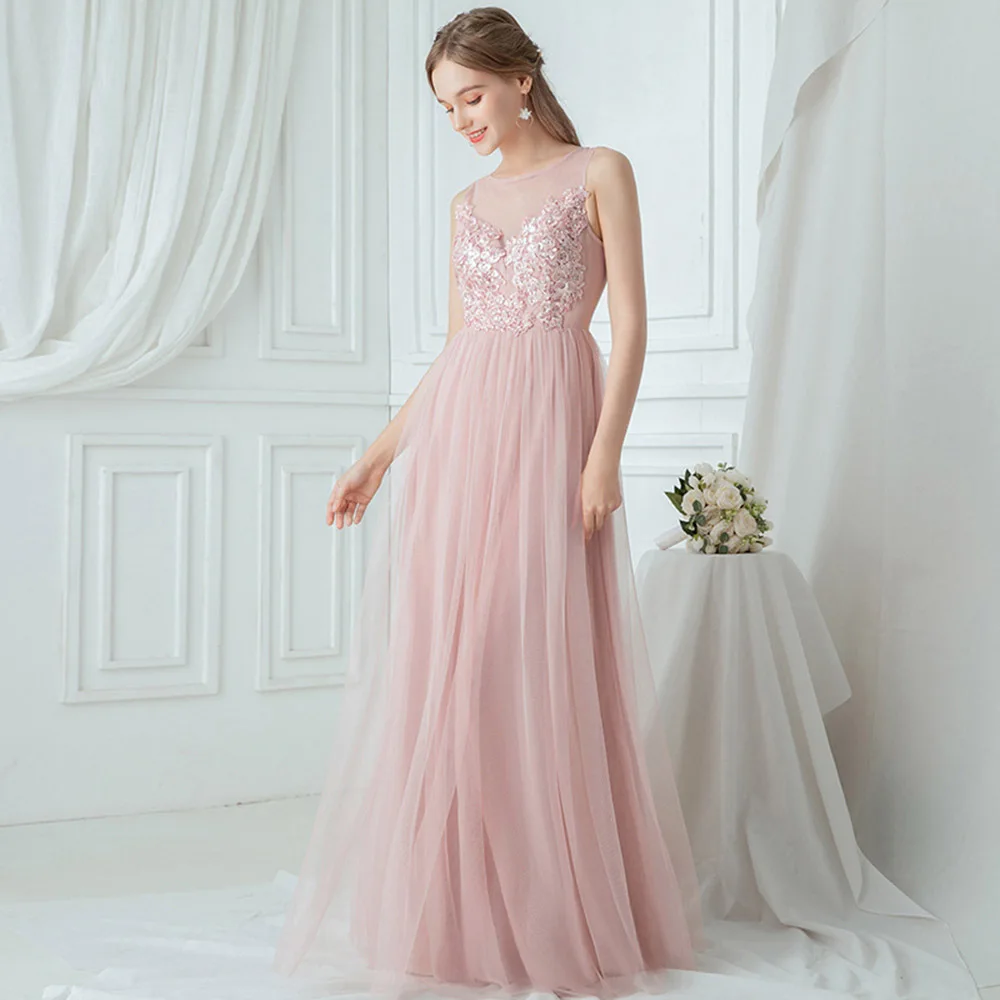 

Blush Pink Bridesmaid Dresses Appliques A-Line V-Neck Sleeveless Simple Tulle Wedding Guest Dresses Plus Size Floor Length