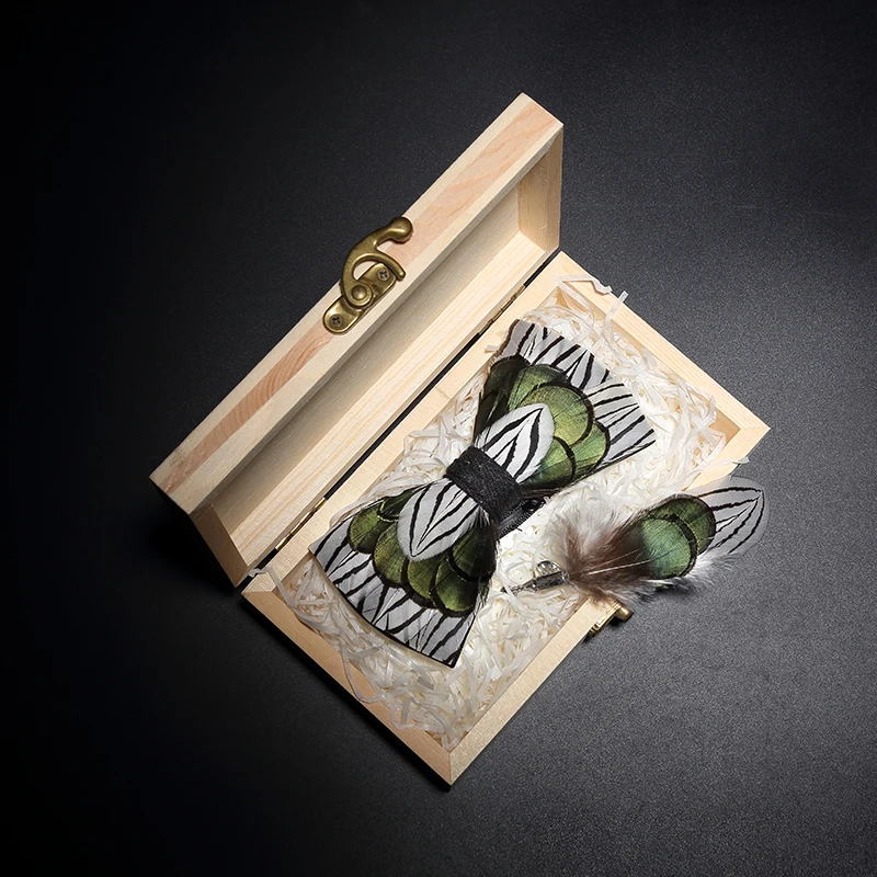 JEMYGINS Дизайн Модный зимний галстук-бабочка с перьями деревянная коробка набор высококачественное перо мужской галстук-бабочка для Свадебное торжество деловая встреча - Цвет: wood box set