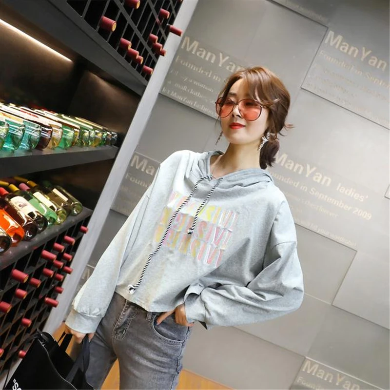 Merry Pretty Women’s Letter Print Crop Hoodies Winter Long Sleeve Hooded Sweatshirts For Femme Casual Loose Pullovers