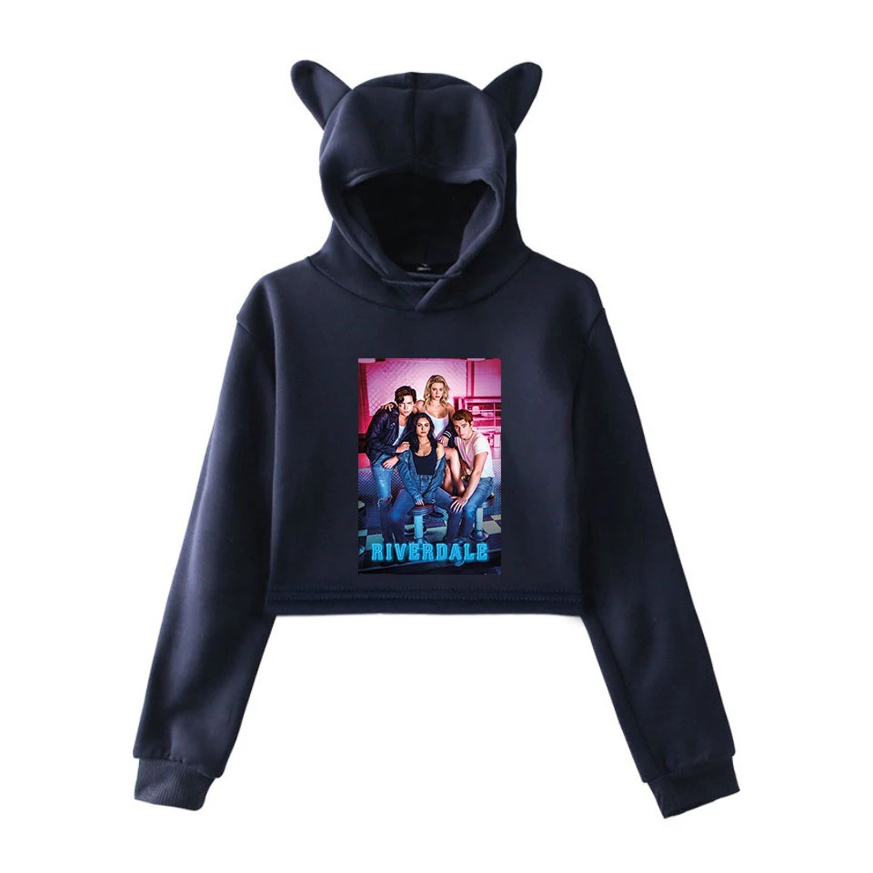 Модные осенние толстовки с изображением ривердейла для женщин Kawaii Pop Crop Top, худи с кошачьими ушами, толстовка с капюшоном для женщин и девочек, повседневные Черные Пуловеры