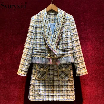

Svoryxiu 2020 Designer Autumn Winter Tweed Skirt Suit Women's Fashion Long Sleeve Double Breasted Coat + Skirt 2 Piece Set